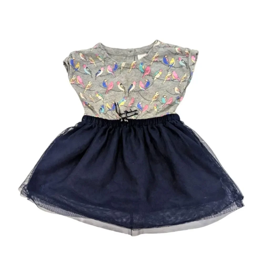 Baby Gap Bird Gray Blue Tulle Short Sleeve Spring Summer Dress Girl Size 18-24mo